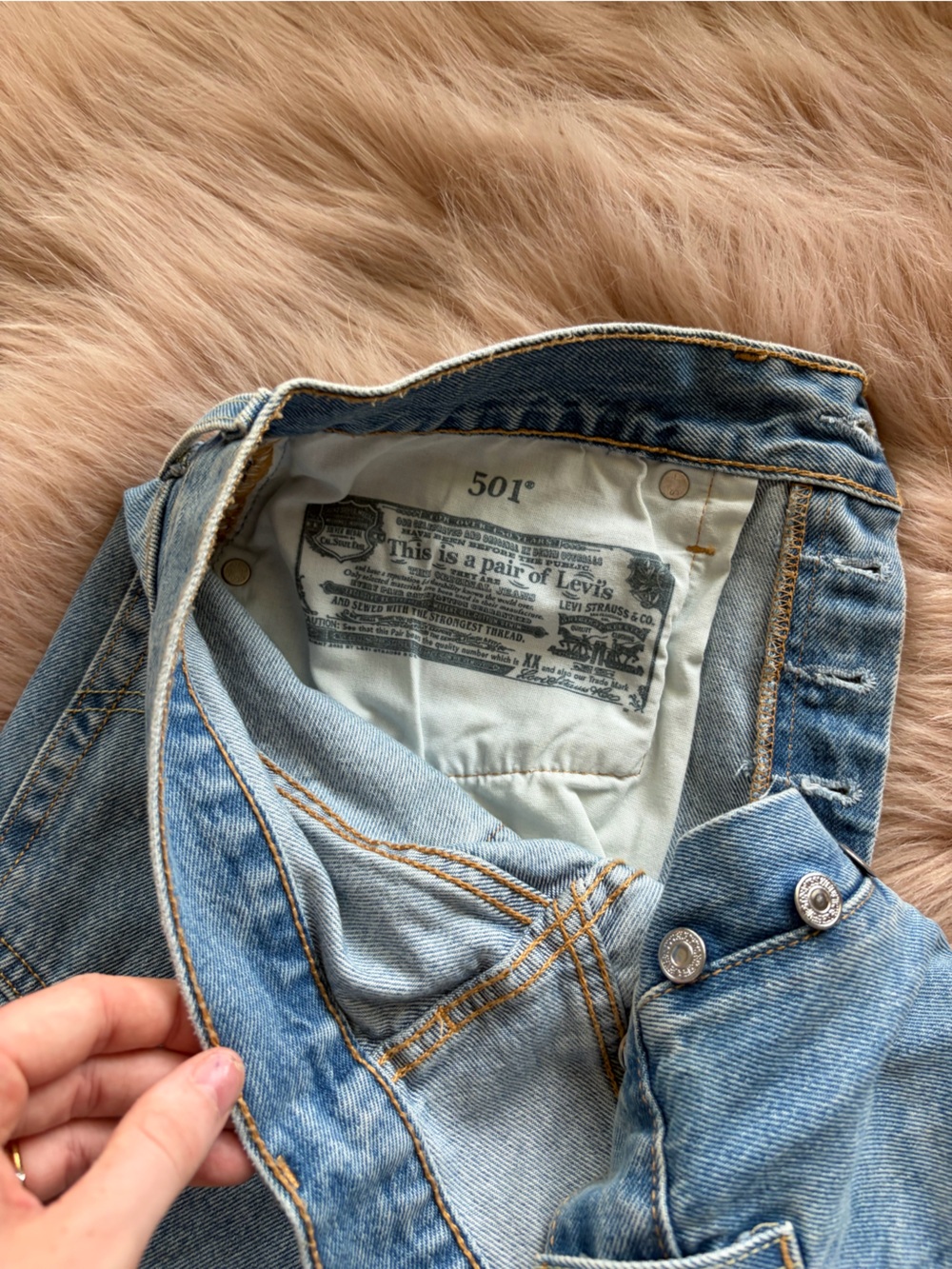 Levi's Light Blue 501 Denim shorts with Tan Leather Patch